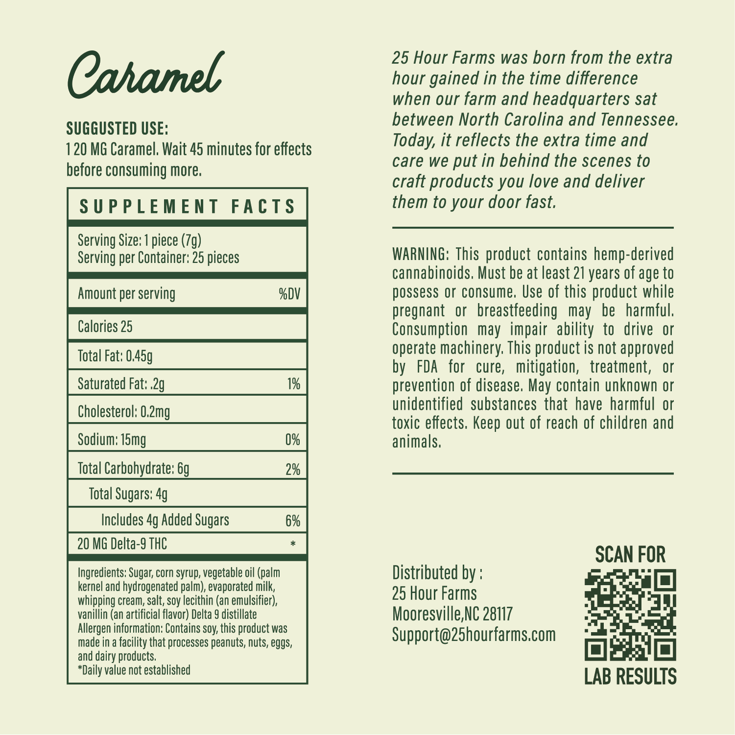Supplement label for THC Caramels with supplement facts and product details