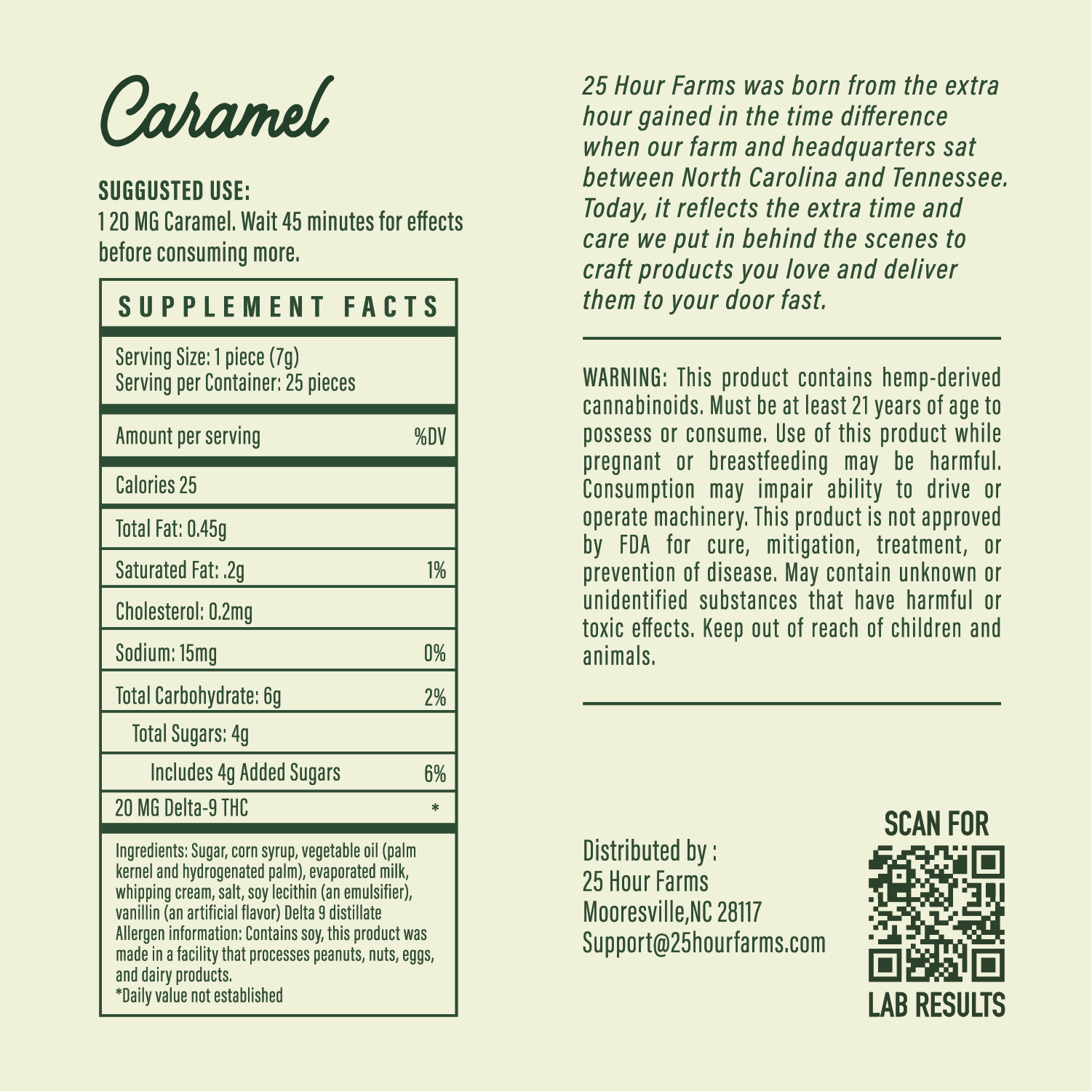 Supplement label for THC Caramels with supplement facts and product details