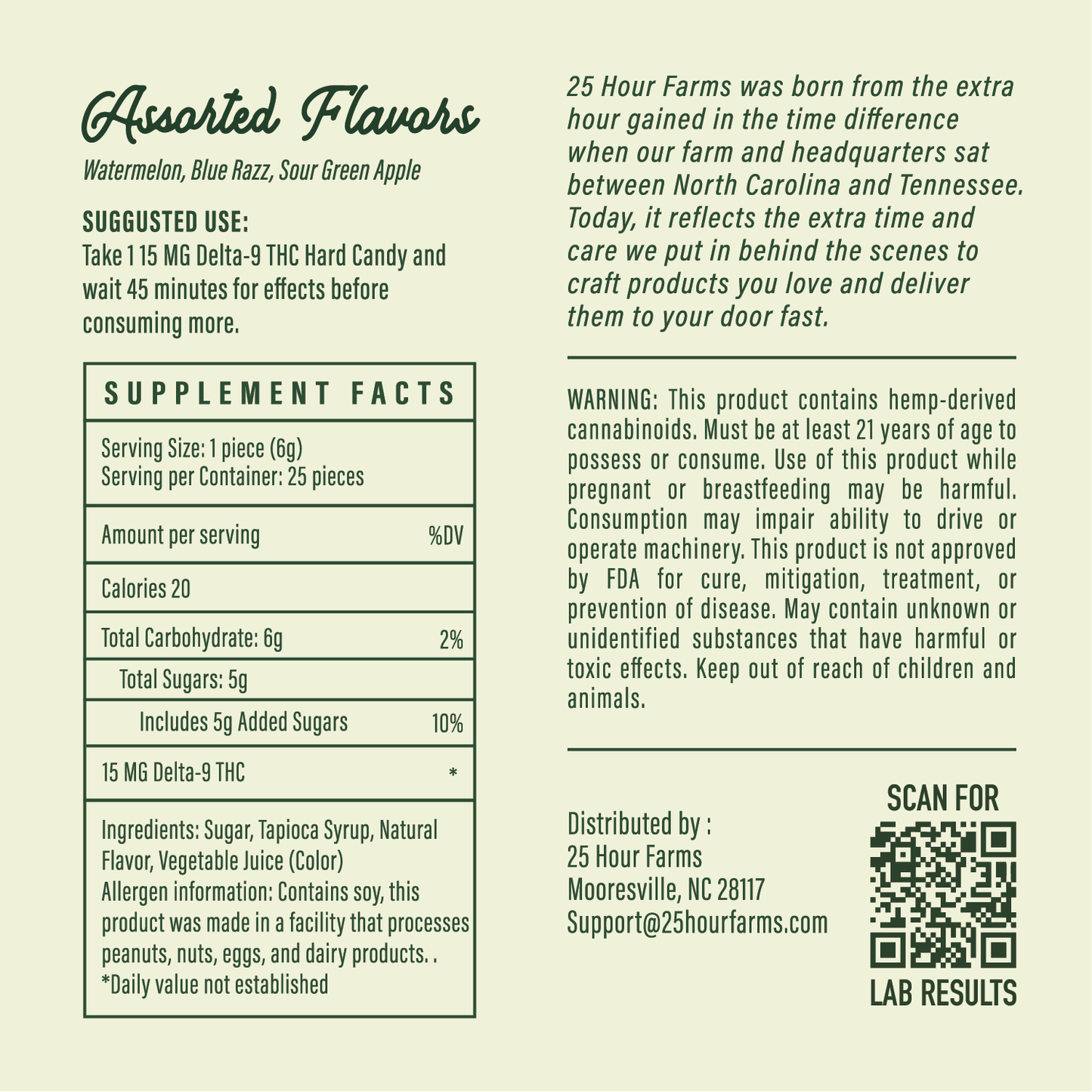 Product label for THC Hard Candy with supplement facts and product details on a beige background
