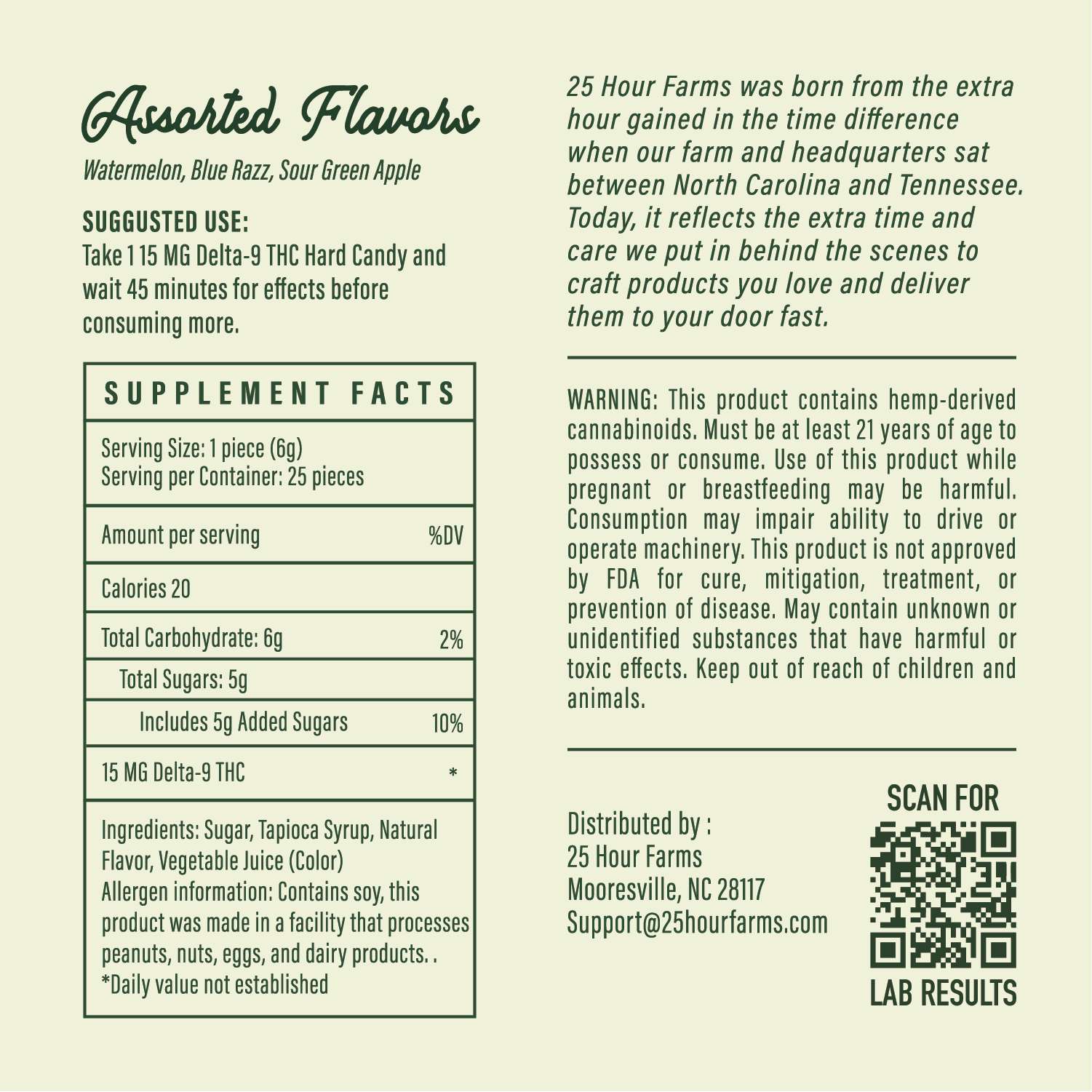 Product label for THC Hard Candy with supplement facts and product details on a beige background