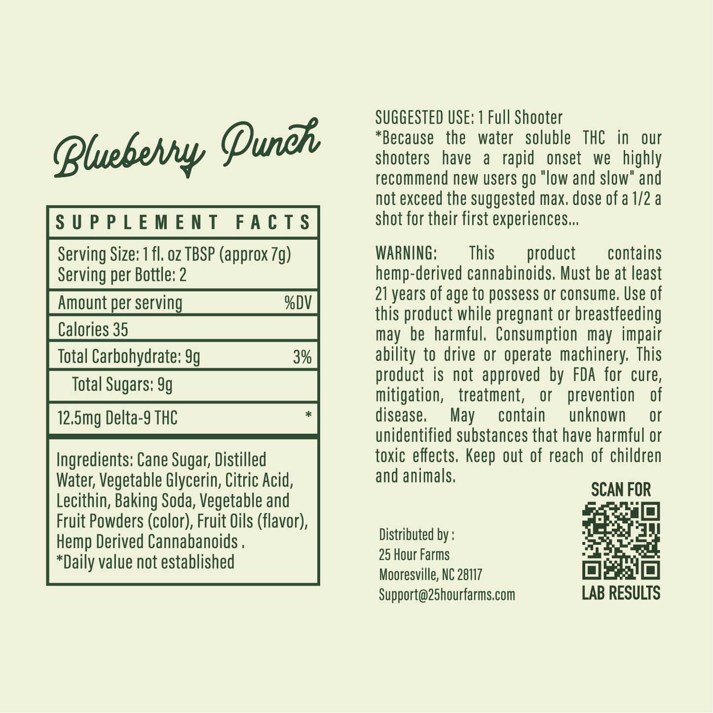 Supplement facts label for Blueberry Punch THC Drink on a beige background