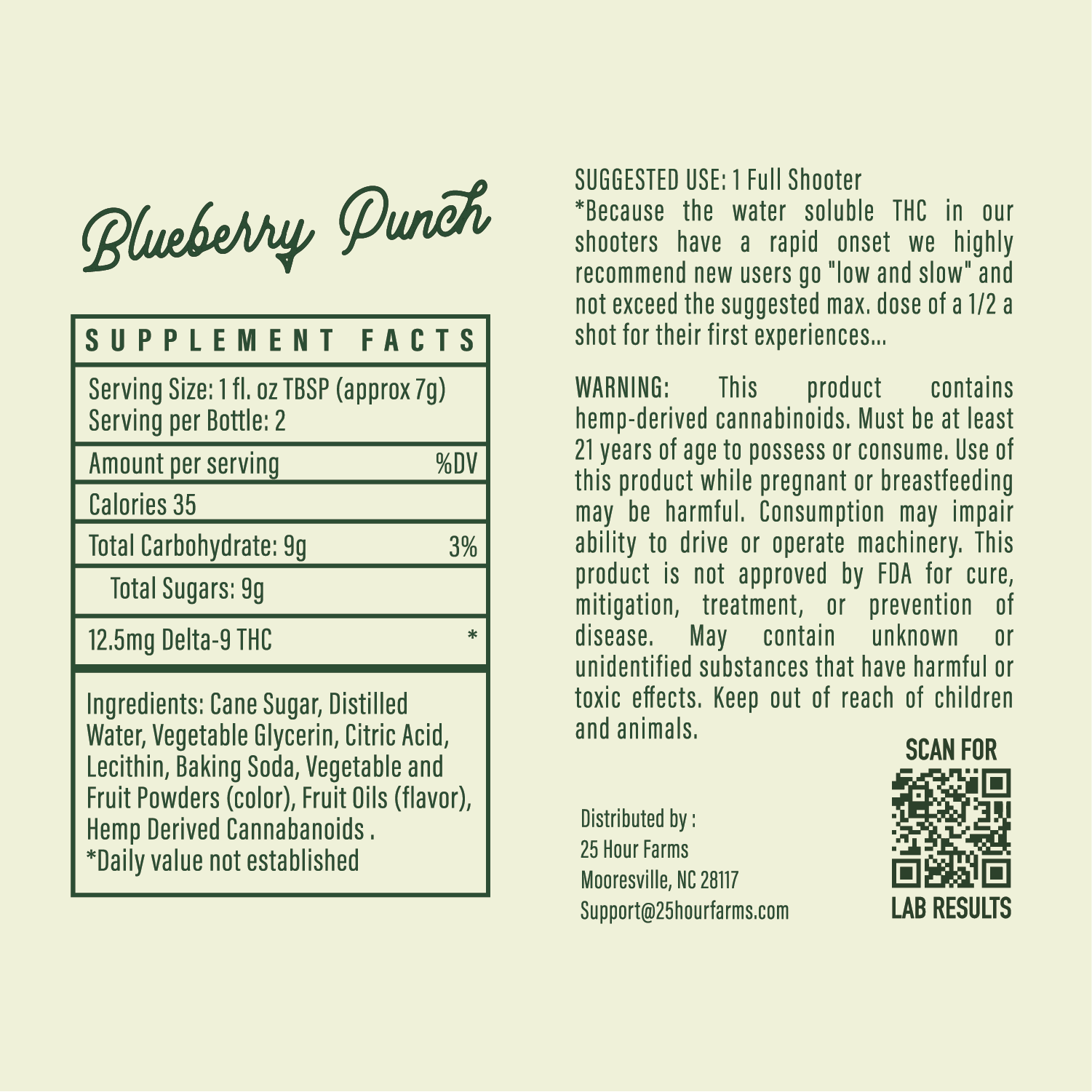 Supplement facts label for Blueberry Punch THC Drink on a beige background
