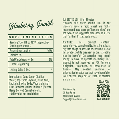 Supplement facts label for Blueberry Punch THC Drink on a beige background